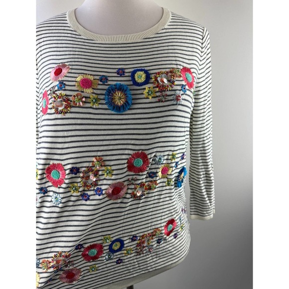 Talbots Floral Row Striped Embellished Embroidered Crewneck Sweater Plus Size 1X - Picture 4 of 12